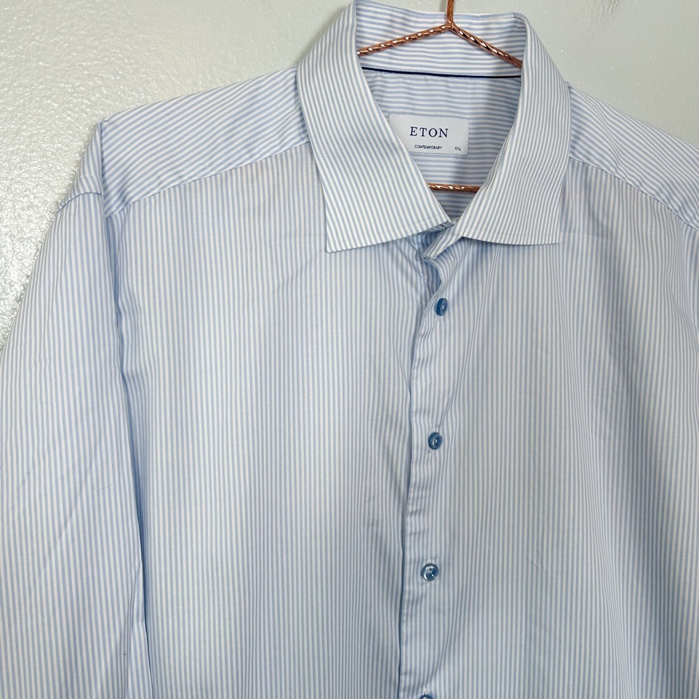 Eton Blue and White Striped Cotton Button Down Shirt - Picture 4 of 7